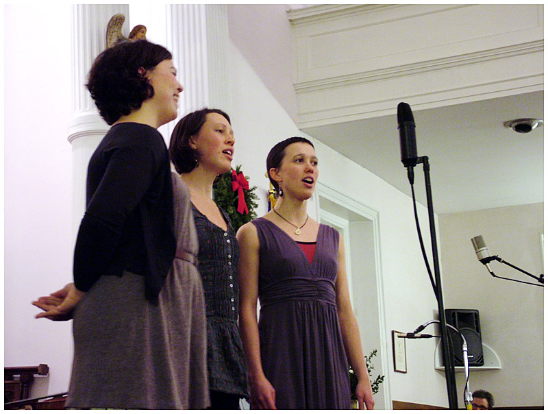 The Gawler Sisters, from left, Edith, Elsie and Molly, perform a cappella at First Church. (Photo by Ethan Andrews)