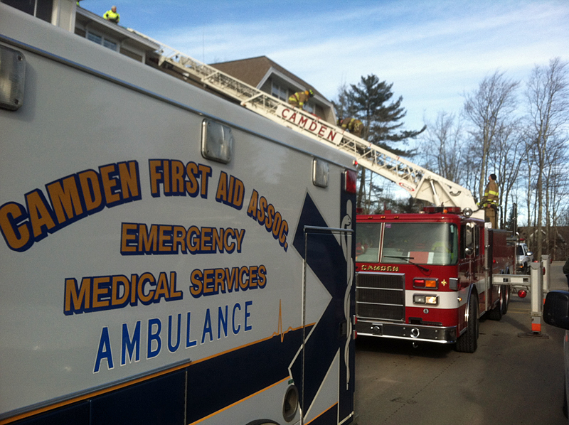 Camden First Aid Association and Camden firefighters worked together to remove an injured worker off the fourth-floor roof of Quarry Hill early Friday afternoon. (Photo courtesy Justin Hills)