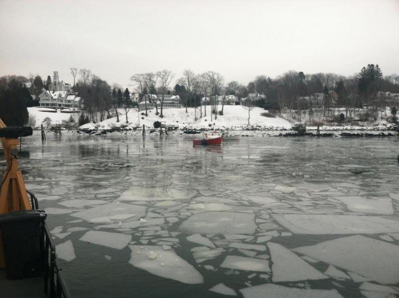 The U.S. Coast Guard Cutter Tackle, from Station Rockland, traveled to Rockport Harbor Jan. 4 to break up accumulating ice. (Photo courtesy of Coast Guard Cutter Tackle.)