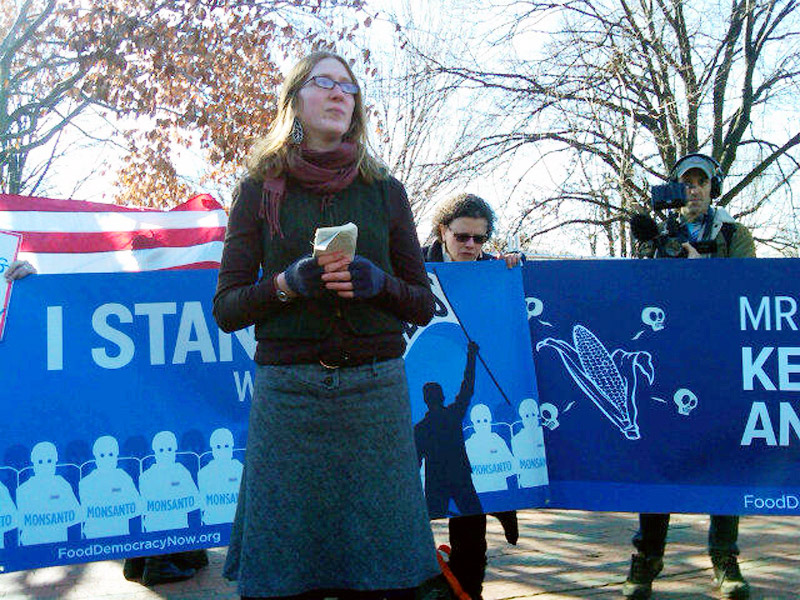 Holli Cederholm of the Washington, Maine-based Organic Seed Growers and Trade Association and Proud Peasant Farm speaks at a rally in Washington, D.C., following a hearing in a federal appeals court in a lawsuit brought by OGSATA against multinational agricultural corporation Monsanto. (Photo Courtesy of Adam Eidinger) Holli Cederholm of the Washington, Maine-based Organic Seed Growers and Trade Association (Photo by Adam Eidinger)