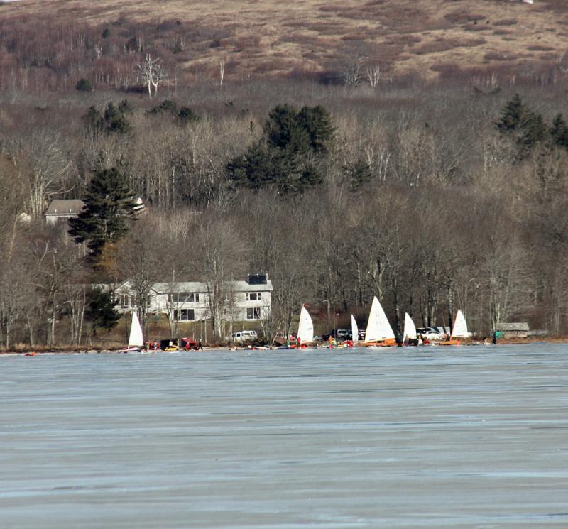 Last week's rain and thaw, followed by two nights of below-freezing temperatures made for perfect ice boat conditions on Chickawaukie Pond Saturday. (Photo by Holly S. Edwards)