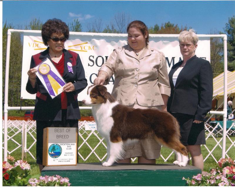 Fly and handler Laura Liebenow, with owner Clara Gardner, right, taking 2012 Best of Breed at Vacationland Kennel Club show. (Photo courtesy Clara Gardner)