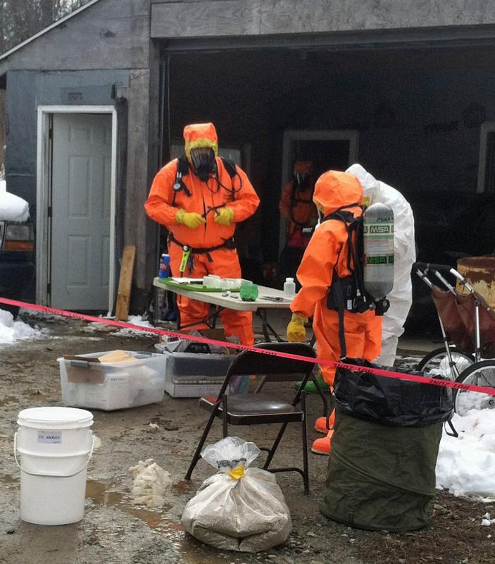 MDEA agents and others at work investigating a suspected methamphetamine laboratory on St. George Road (Route 131) in South Thomaston Tuesday. (Courtesy Maine Drug Enforcement Agency)