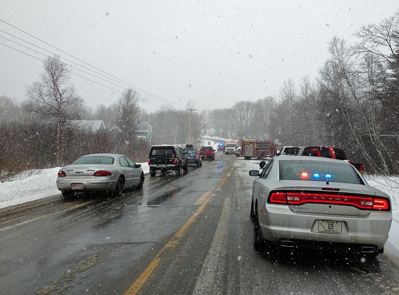 Traffic blocked on Route 17 at Grassy Pond in Rockport for a crash. (Photo by Lynda Clancy)