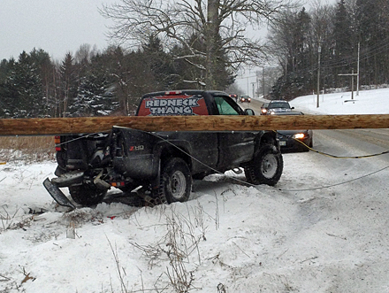 Brandon Jimenez-Roberts of Skowhegan was the driver of this pickup truck Friday afternoon that lost control on Route 1 in Lincolnville and took out a utility pole at its base. (Photo by David Edwards)