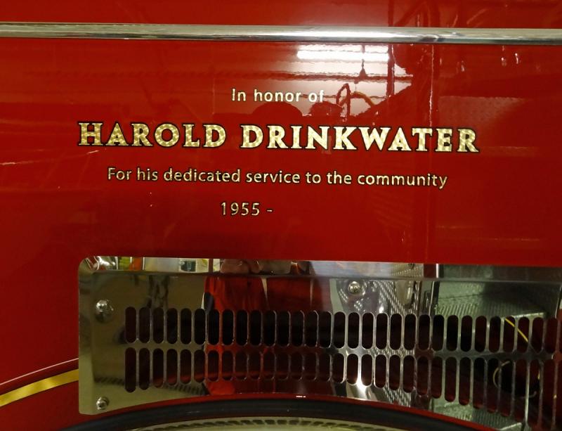 Camden's Atlantic Engine Company #2 Monday night unveiled a special honor by adding Harold Drinkwater's name to Engine 4. (Photo courtesy Todd Anderson)
