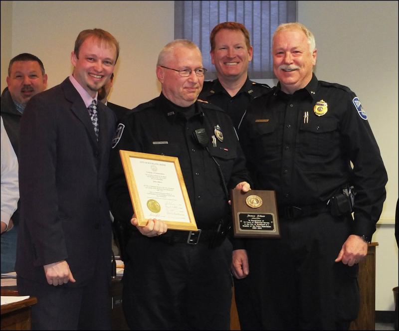 From left, Rockland City Mayor Will Clayton, Officer James Jillson, Sgt. Ken Smith and Chief Bruce Boucher. (Photo by Chris Wolf)