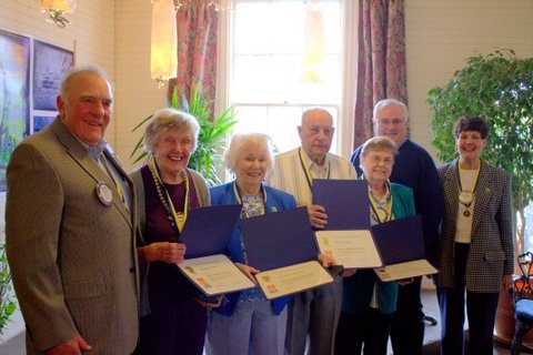 The Unity Area Rotary Club recently presented Paul Harris Fellow awards to the following four member of the club: Jan and Ron Cropley, Beverly Murdock, and Margaret Prior. Here, from left to right, are President Charles Schaefer, Margaret Prior, Beverly Murdock, Ron Cropley, Jan Cropley, Michael McGovern, and Jan Goddard