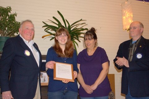 Ailish Foley, a student at the University of Maine in Orono, where she majors in biology, is the Unity Area Rotary Club's 2012 scholarship recipient. Shown left to right are President Charles Schaefer, Ailish, her mother, and 2013-2014 President Gene Pfeiffer.