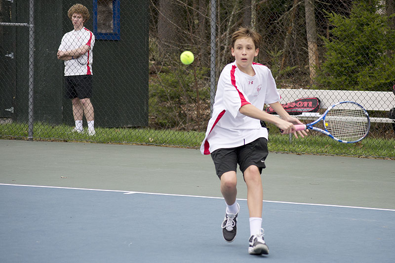 Camden Hills Luke Burstien return a shot in the number 3 singles match(Photo Courtesy of Dwight Pitcairn)