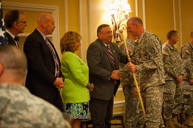 Gov. Paul LePage greets a soldier during a freedom salute ceremony April 5 at the Samoset Resort in Rockport. Standing next to LePage is his wife, Ann. (Courtesy Maine Army National Guard)