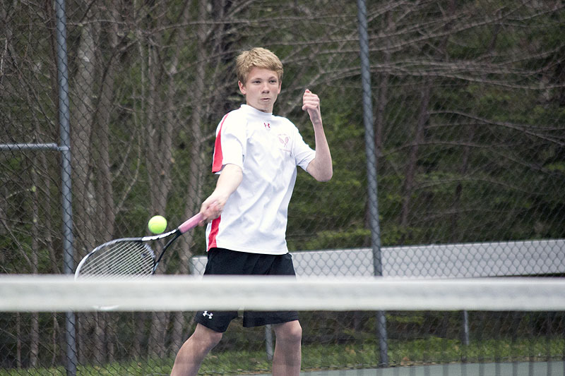 Camden Hills Josh Pitcairn returning a shoot in the number 1 doubles match in action against Maranacook Wednesday. (Photo Courtesy of Dwight Pitcairn)