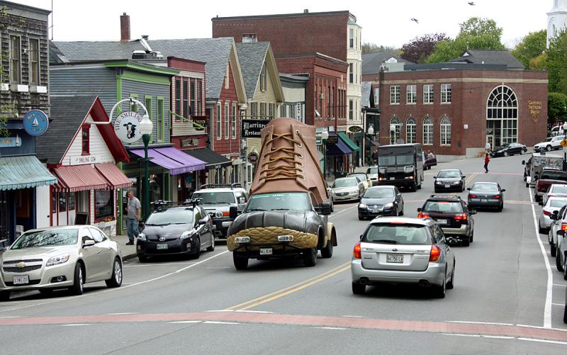 The LL Bean Bootmobile makes it way through Camden Monday afternoon. (Photo by Holly S. Edwards)