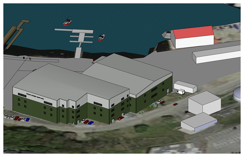 The inland views of the proposed Building 6, including rooflines and the stepped "jog" where the corner of the building meets Front Street, were the focus of discussion by the Intown Design Review Committee. (Image courtesy of Front Street Shipyard)