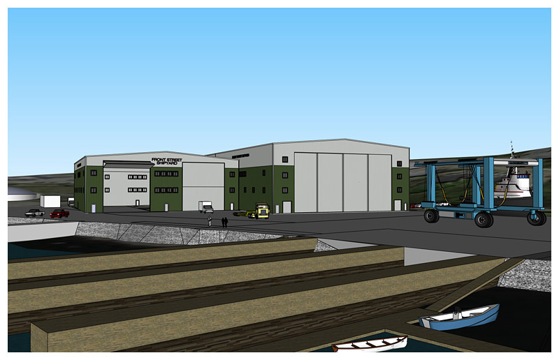 A south-facing ground-level view of Front Street Shipyard showing the existing Building 5, left, and the proposed Building 6. (Image courtesy of Front Street Shipyard)