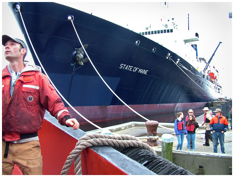 The Belfast-based tug ties up alongside the massive State of Maine in Castine. (Photo by Ethan Andrews)