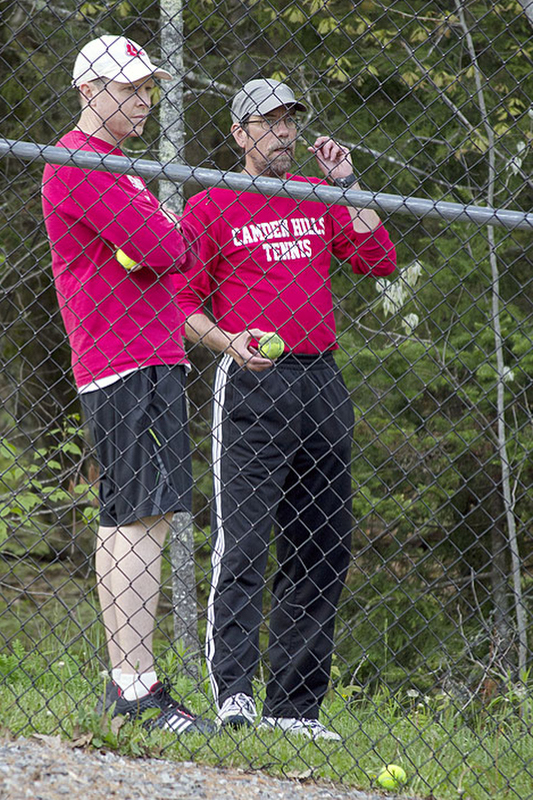 Camden Hills coach Chris Walker-Spencer, left, and assistant coach Brian Johnson watch the matches in progress. (Photo Courtesy of Dwight Pitcairn)