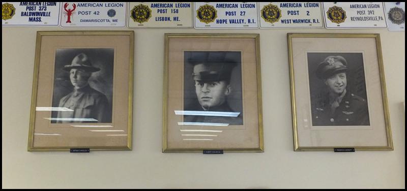 Photos of Winslow, Holbrook and Merrit who the American Legion Post 1 is named after hang on the wall inside the post.