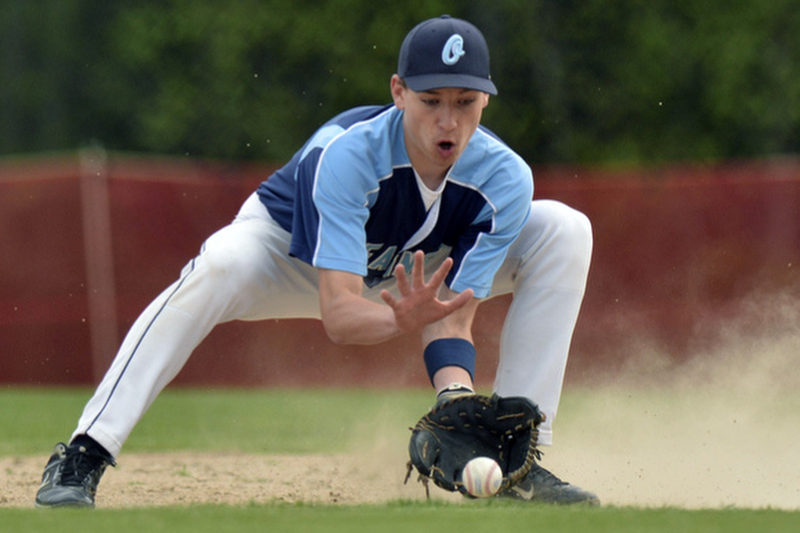 Oceanside's Nick Judge makes the play to start a double play, they got the lead runner, but missed the runner at first. Oceanside won the battle 5-2 over Camden Hills. (Photo by Ron Hawkes)