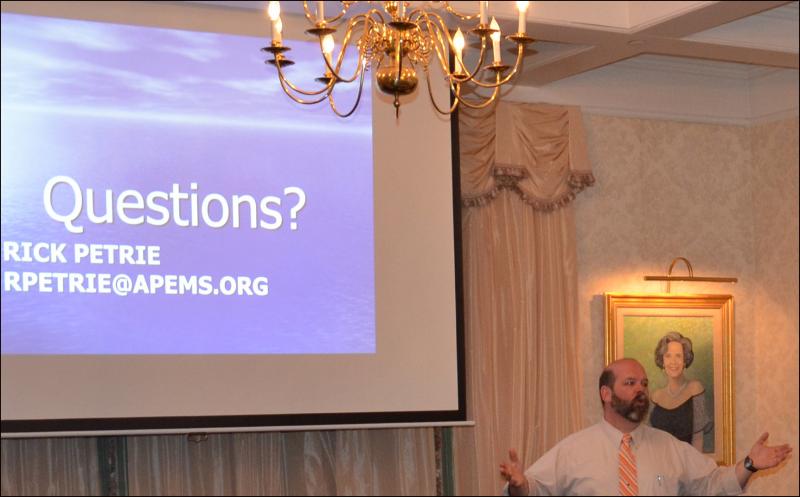 Rick Petrie, executive director of Atlantic Partners EMS, was in Camden Tuesday evening, April 30, to discuss with town managers, selectmen and a sprinkling of citizens from Camden, Hope, Lincolnville and Rockport about the business of emergence medical response in the state of Maine. (Photo by Lynda Clancy)
