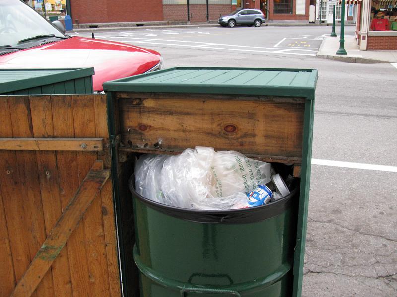 Last month someone stuffed this town trash can, located in front of the former Village Restaurant downtown, with commercial trash. (Courtesy Town of Camden)