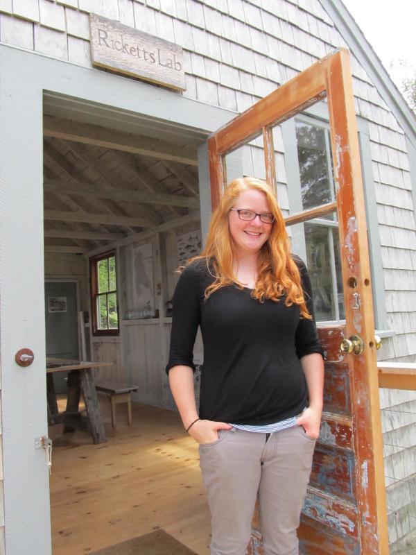 Alice at the door of her little island laboratory. (Photo by Kay Stephens)