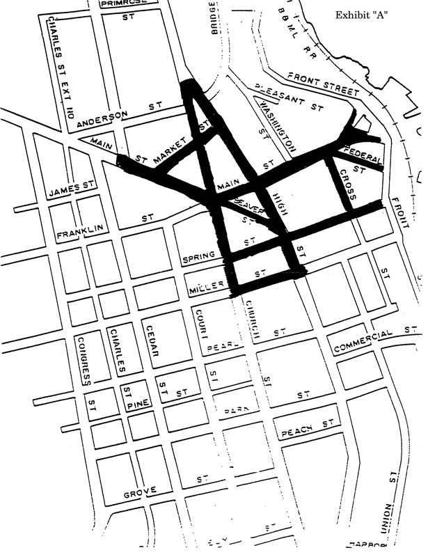 A map of downtown Belfast from the city's code of ordinances showing the areas in which skateboarding is prohibited, along with other activities categorized under the heading of "noise and public conduct."