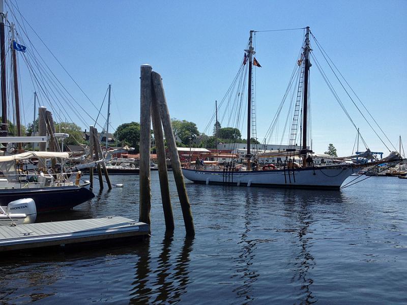 Schooner 'Appledore' limps into Camden Harbor from Key West, Fla., with shredded main sails and a bob chain torn clear from the stem. (Photo by Steve Pixley)