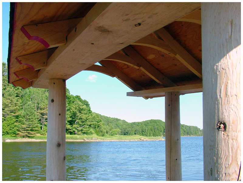 The canopy above the open afterdeck, supported by four cedar posts. (Photo by Ethan Andrews)