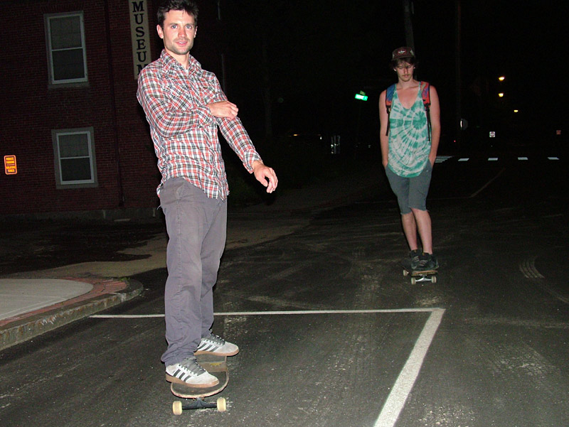 Evan Pinette, left, and Hunter Finden outside City Hall Tuesday night after a City Council debate on rules and penalties for skateboarding. Finden, who was ticketed for skateboarding two years ago and fined over $200, challenged the city's view of skateboarding as a nuisance. (Photo by Ethan Andrews)