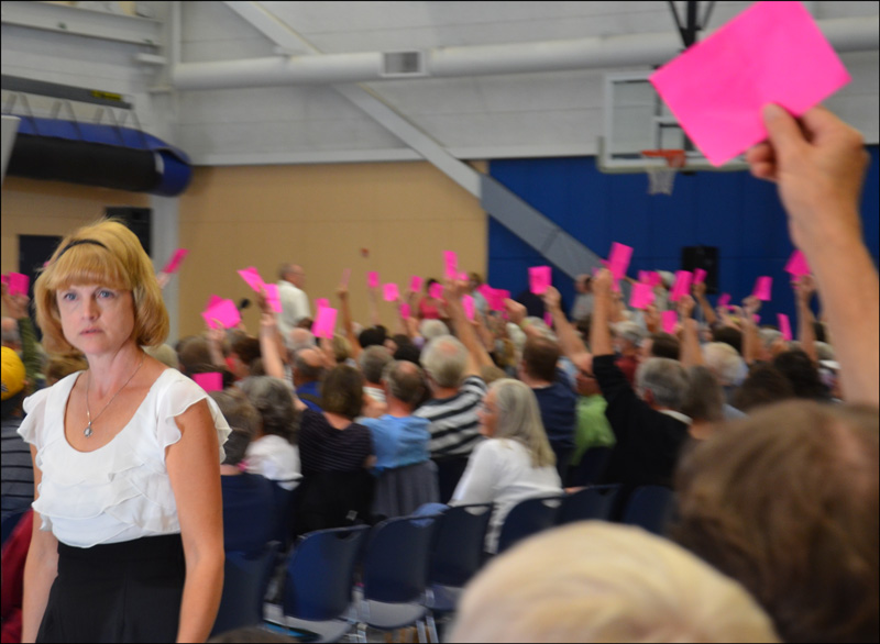 Lincolnville Administrative Assistant Karen Secotte, tallies the pink cards. (Photo by Lynda Clancy)