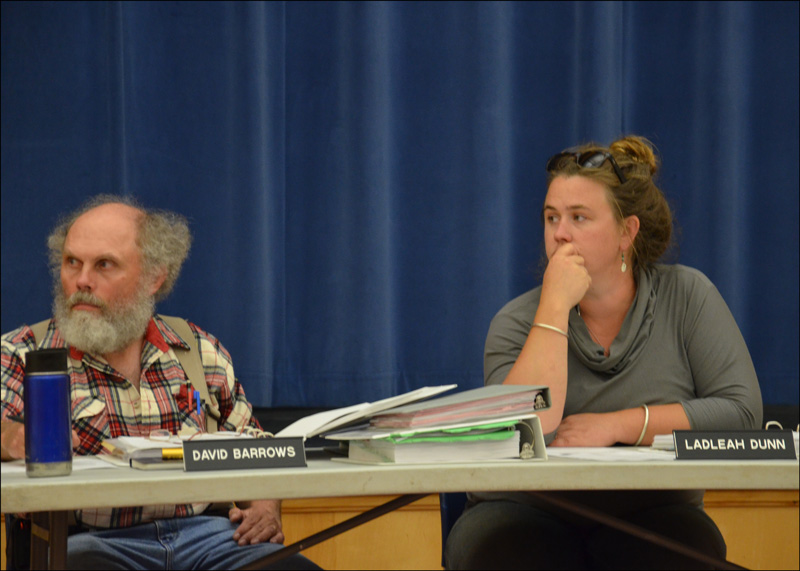 Lincolnville selectmen David Barrows and Ladleah Dunn listen to the discussion about EMS at their June 3 meeting. (Photo by Lynda Clancy)