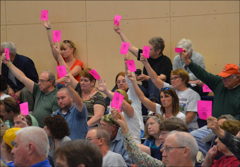 Hot pink was the color of the day at Lincolnville Town Meeting. (Photo by Lynda Clancy)