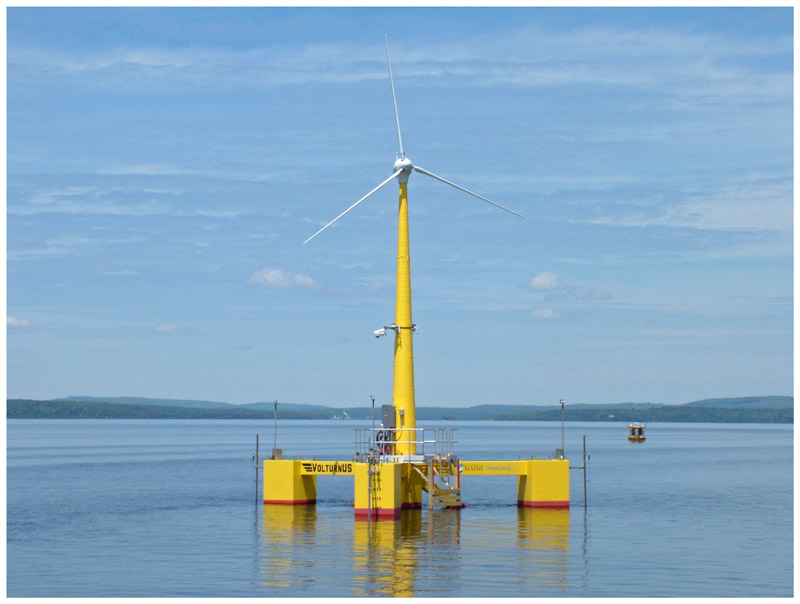VolturnUS 1:8 was built to model a 6 megawatt turbine, which supporters of the nascent offshore wind energy industry hope will one day populate the Gulf of Maine. (Photo by Ethan Andrews)