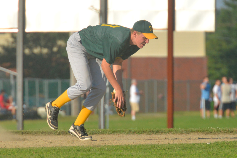 Waldoboro's Nick DePatsy makes a nice play at shortstop to get the force at second base. (Photo by Ron Hawkes)