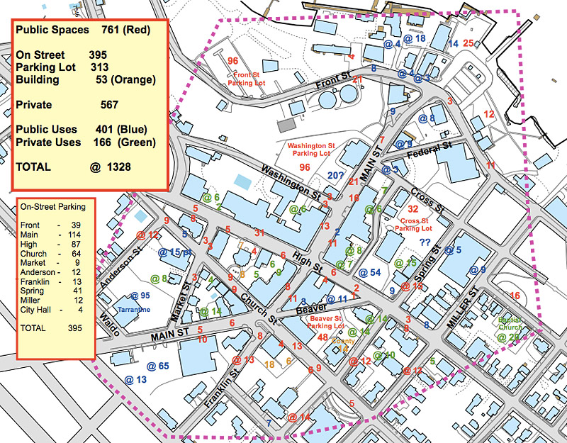 One of several maps of downtown Belfast showing the locations of various types of public and private parking. (Source: cityofbelfast.org)