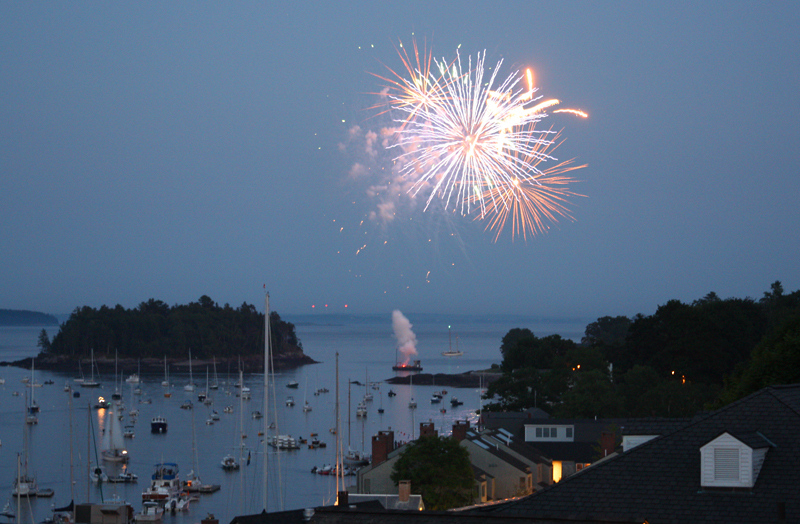 July 4, 2012, Independence Day fireworks over Camden Harbor, featuring Curtis Island and the Camden Yacht Club. (Photo by Holly S. Edwards)