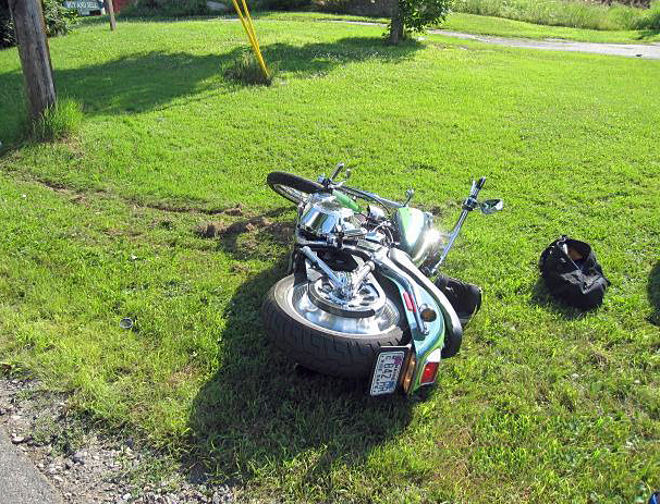 Scott Wiley, 40, of Appleton, and a 13-year-old passenger were thrown from Wiley's motorcycle around 8 a.m Thursday after a pickup truck turned in front of them on Sennebec Road. Wiley was flown by helicopter to Bangor; his passenger sustained minor injuries. (Courtesy Knox County Sheriff's Office)
