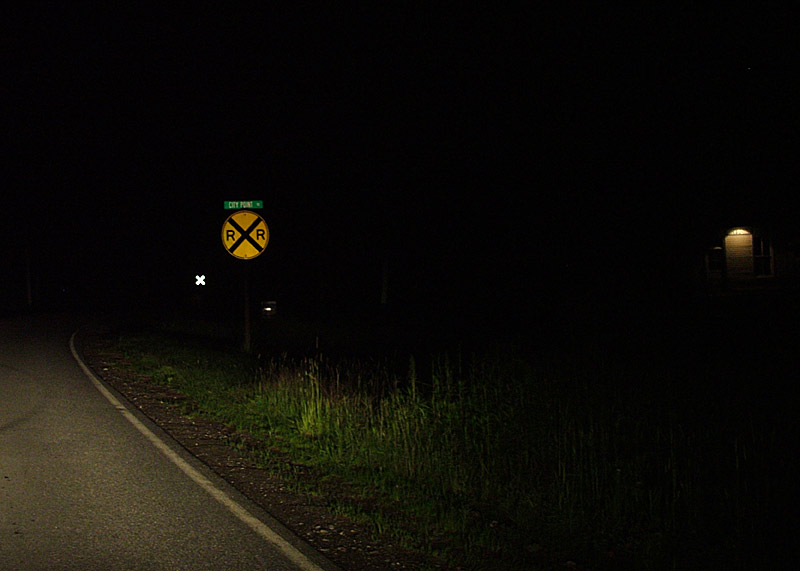 Oak Hill Road in Belfast at night, at the City Point Station railroad crossing. (Photo by Ethan Andrews)