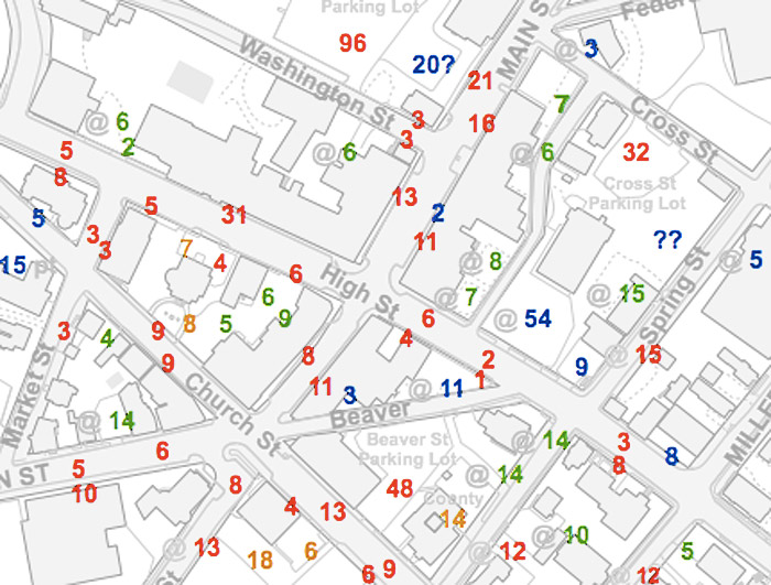 A map of downtown Belfast created by the city's planning office to indicate numbers of existing and potential parking spaces. Background colors have been adjusted to highlight the numbers. (Source: cityofbelfast.org)