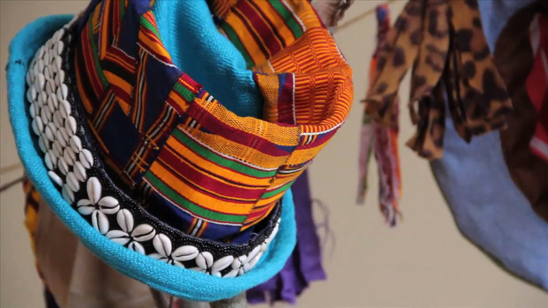 One of the many handmade hats in St. Negritude’s studio. (Photo by Wes Sterrs)