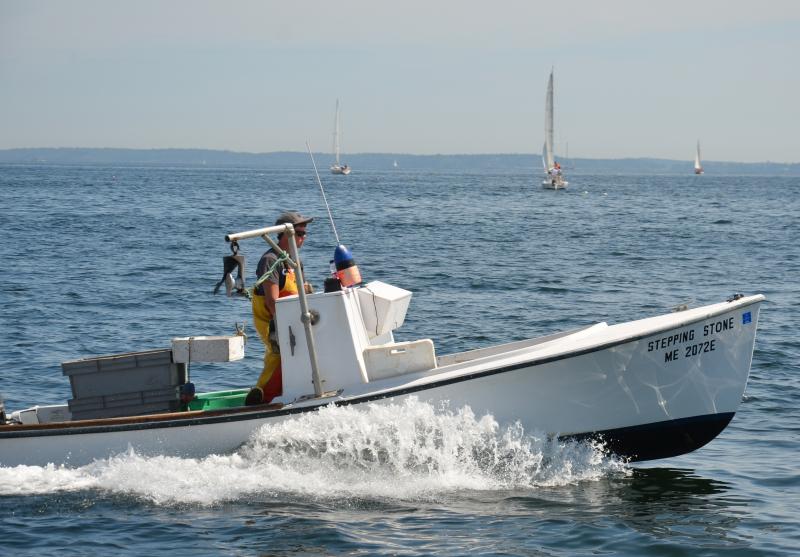 A lobsterman continues to work, checking traps, outside Rockland Harbor. (Photo by Lynda Clancy)