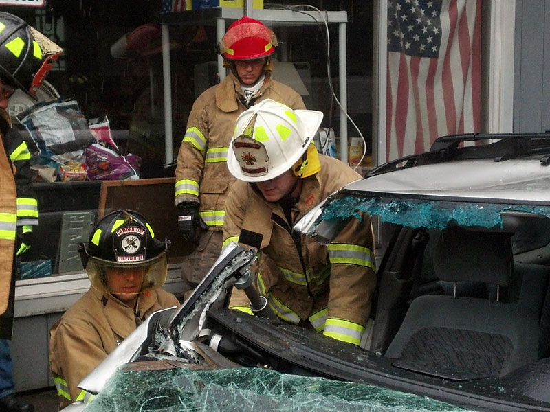 Camden firefighters training on its new extrication equipment at Camden Exxon Aug. 3. (Courtesy Camdent Fire Dept.)