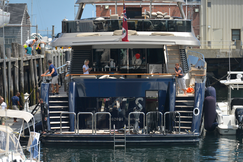 The TATS yacht sits docked at Journey's End Marina near the end of Tillson Avenue in Rockland awaiting the outcome of the search for missing diver James Stormes Sunday afternoon. (Photo by Ron Hawkes)