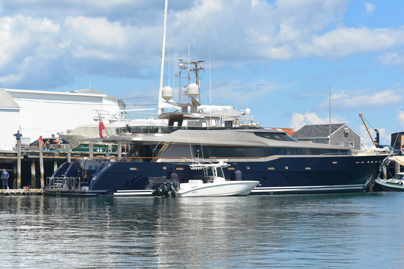 The motor yacht TATS, docked Sunday near the end of Tillson Avenue in Rockland Harbor. (Photo by Ron Hawkes)