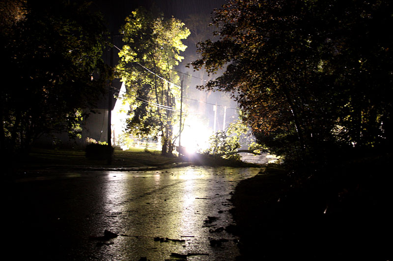 Surges of power coming into this downed transformer could be heard and felt on Park Street Wednesday night minutes after the worst of the storm passed through. (Photo by Holly S. Edwards)
