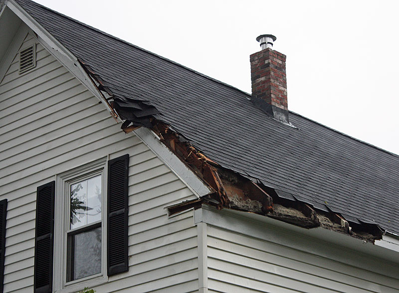Roof damaged by a fallen tree in Camden. (Photo by Holly S. Edwards)