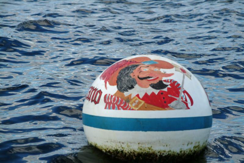 The sloop Cyrano hangs from this mooring buoy. (Photo: Shlomit Auciello)