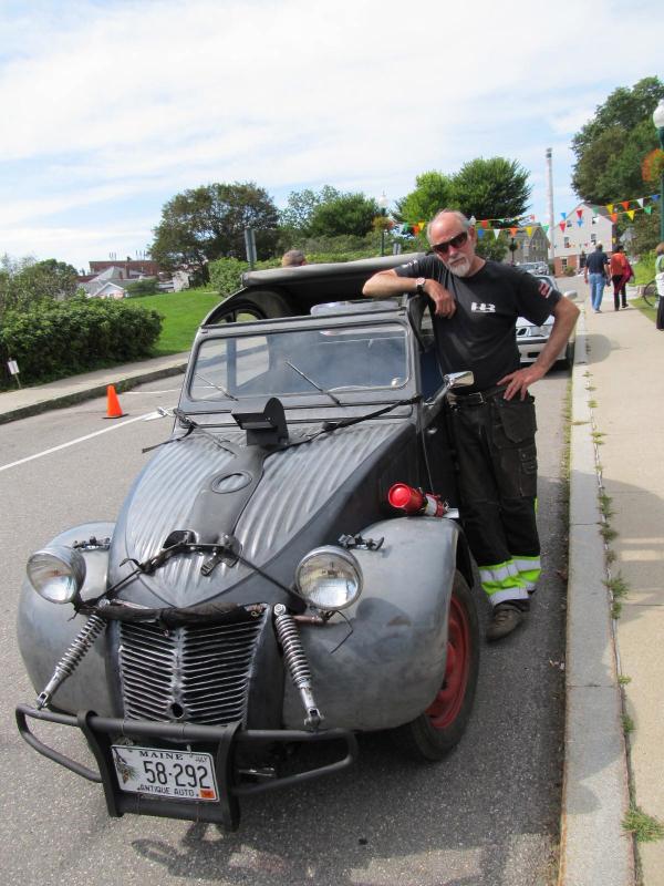 Jack Churchill and his 3-week-old steampunk French car. (Photo by Kay Stephens)