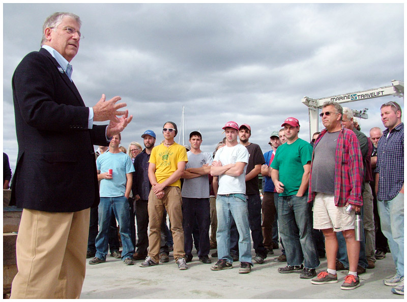 Eliot Cutler, speaks to workers at Front Street Shipyard, Sept. 26. (Photo by Ethan Andrews)